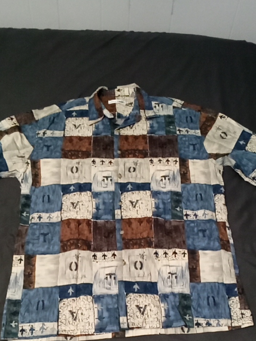 Pierre Cardin Blue Brown and White Patchwork Button-Down Shirt